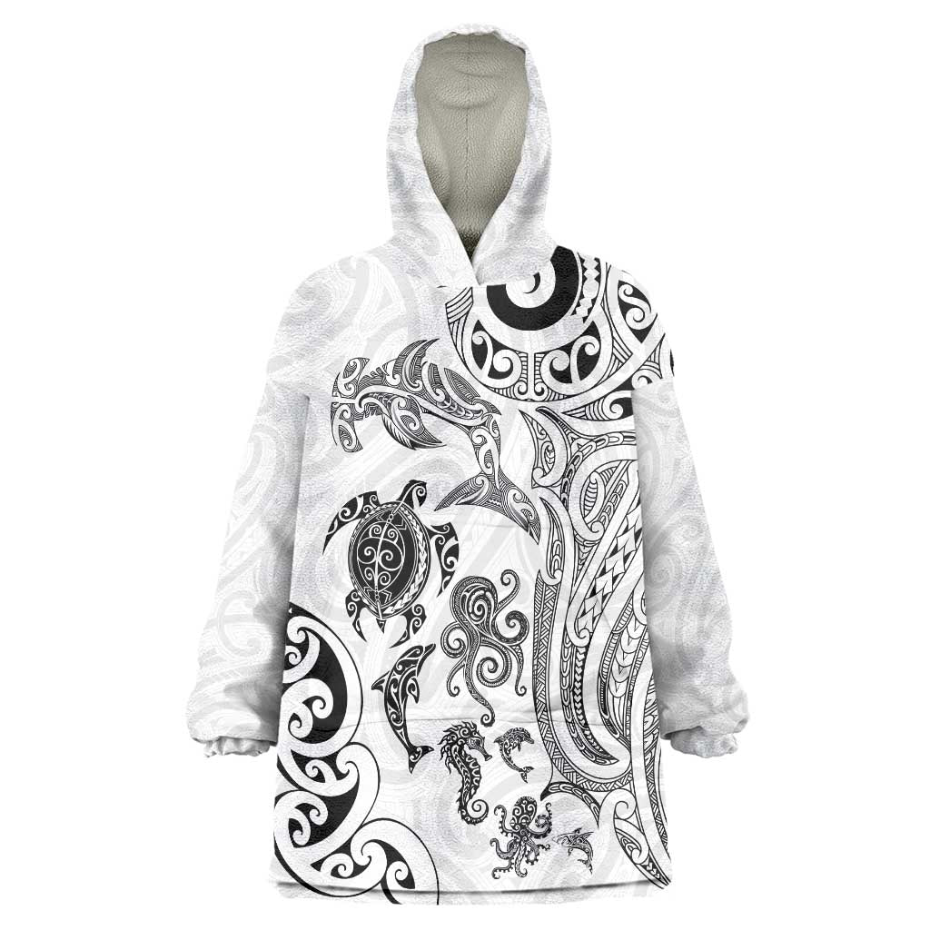 New Zealand Sea Animals with Maori Tribal Tattoo Wearable Blanket Hoodie White Color LT03 One Size White - Polynesian Pride
