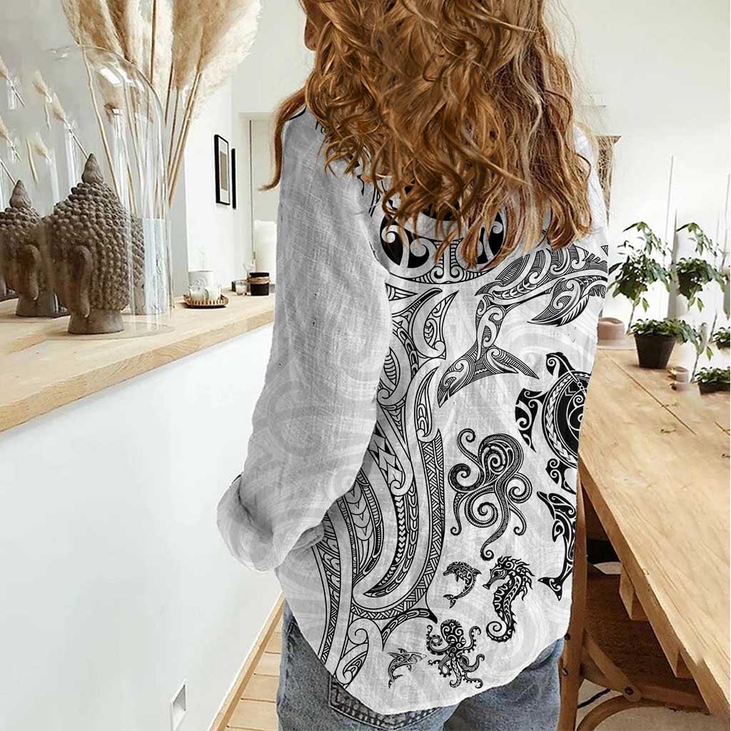 New Zealand Sea Animals with Maori Tribal Tattoo Women Casual Shirt White Color LT03 - Polynesian Pride