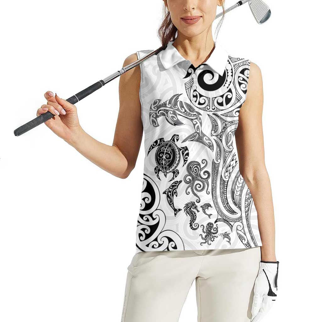 New Zealand Sea Animals with Maori Tribal Tattoo Women Sleeveless Polo Shirt White Color LT03 - Polynesian Pride