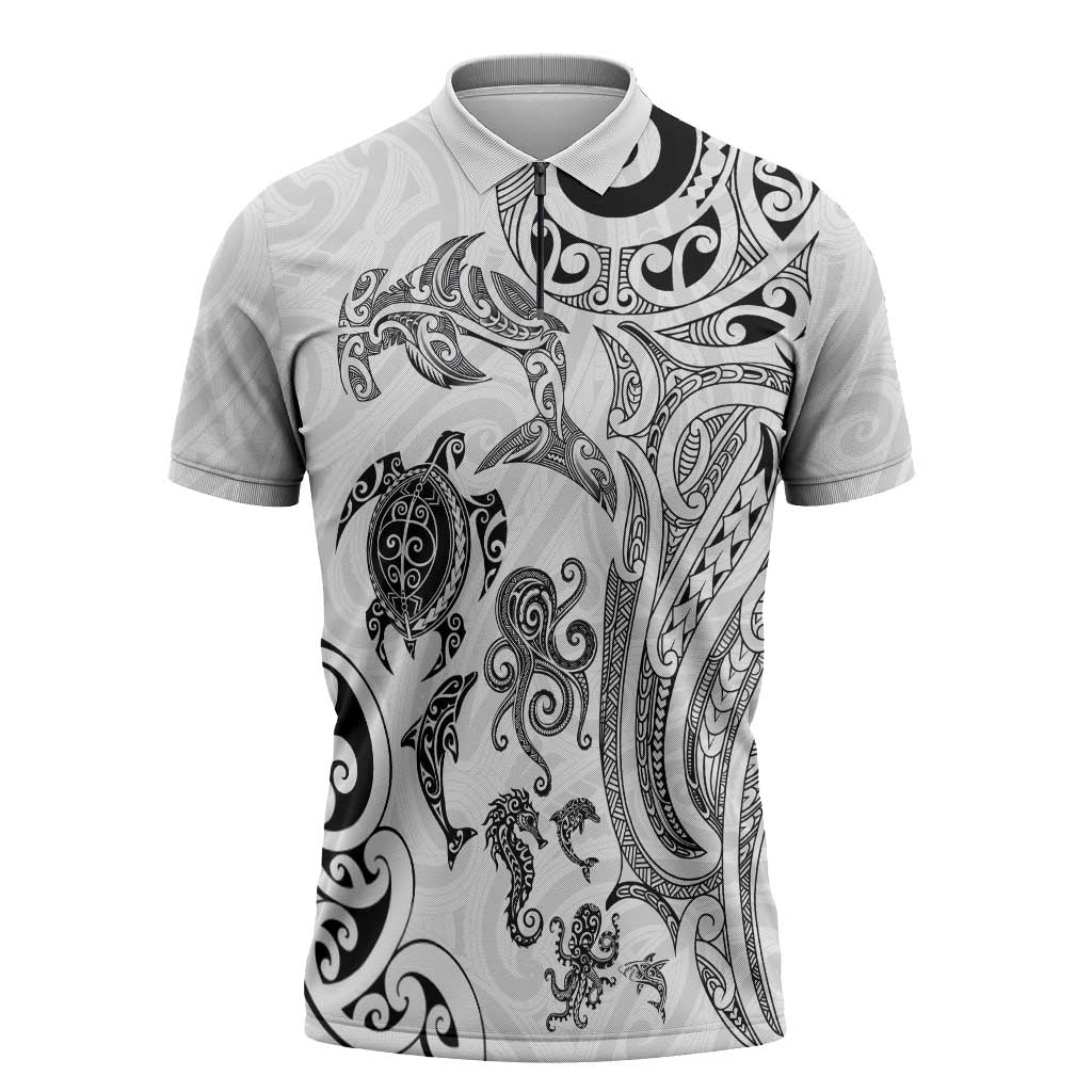 New Zealand Sea Animals with Maori Tribal Tattoo Zipper Polo Shirt White Color