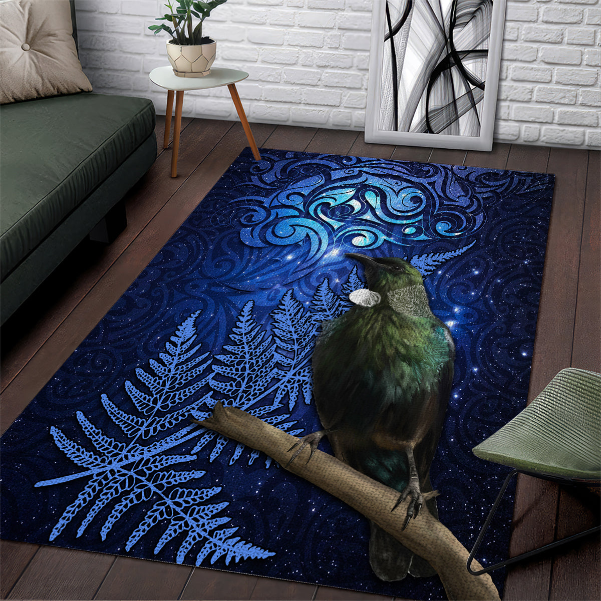 New Zealand Tui Bird Matariki Area Rug Maori New Year with Galaxy Fern LT03 Blue - Polynesian Pride