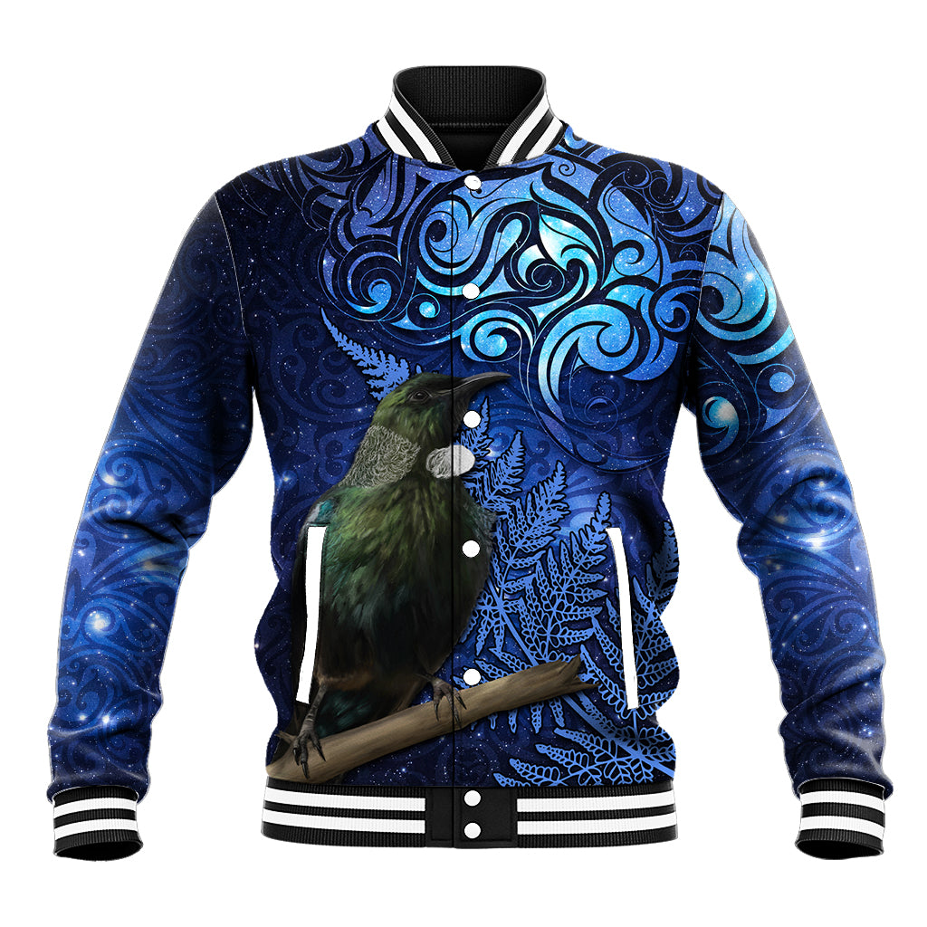 New Zealand Tui Bird Matariki Baseball Jacket Maori New Year with Galaxy Fern LT03 Unisex Blue - Polynesian Pride