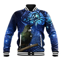 New Zealand Tui Bird Matariki Baseball Jacket Maori New Year with Galaxy Fern LT03 Unisex Blue - Polynesian Pride
