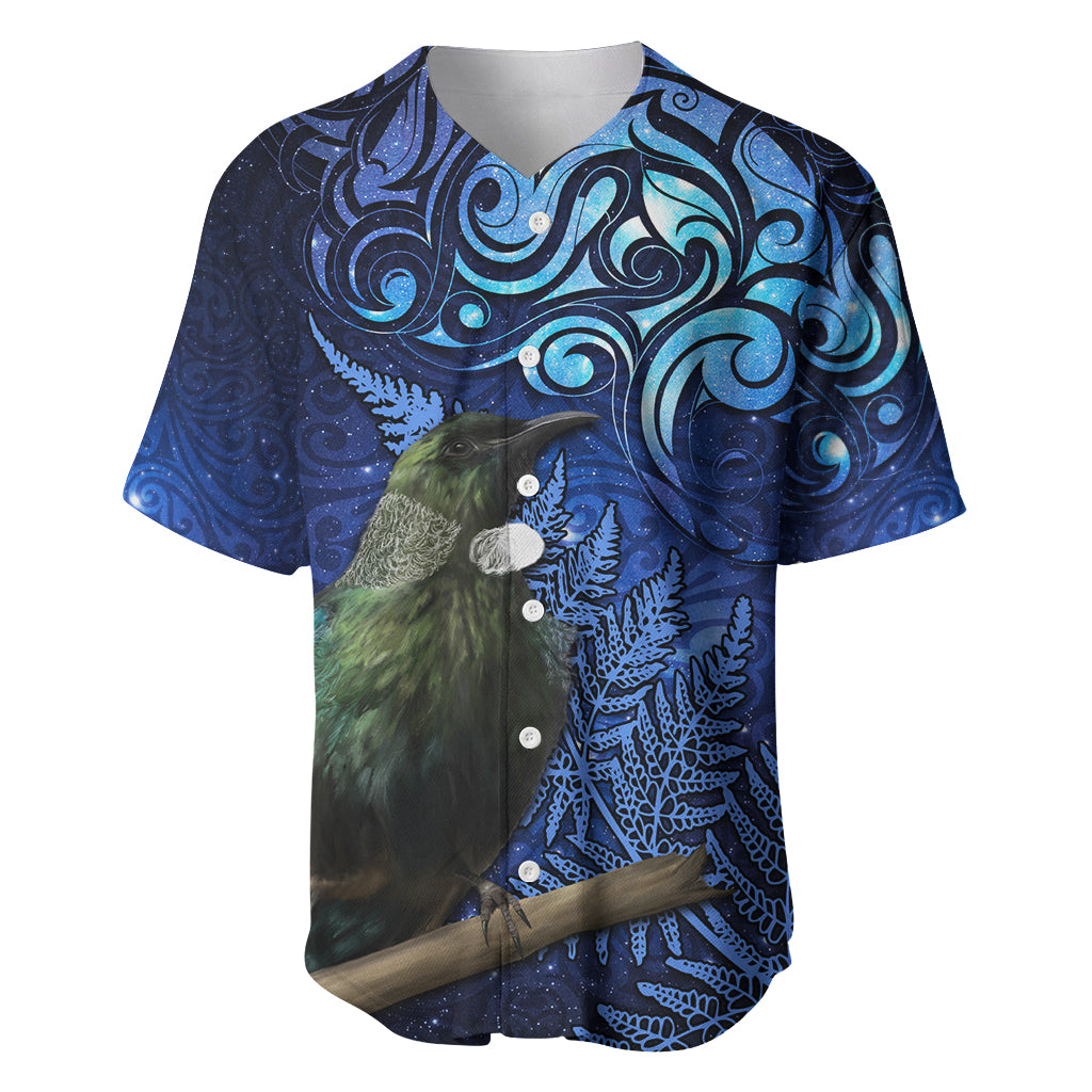 New Zealand Tui Bird Matariki Baseball Jersey Maori New Year with Galaxy Fern LT03 Blue - Polynesian Pride