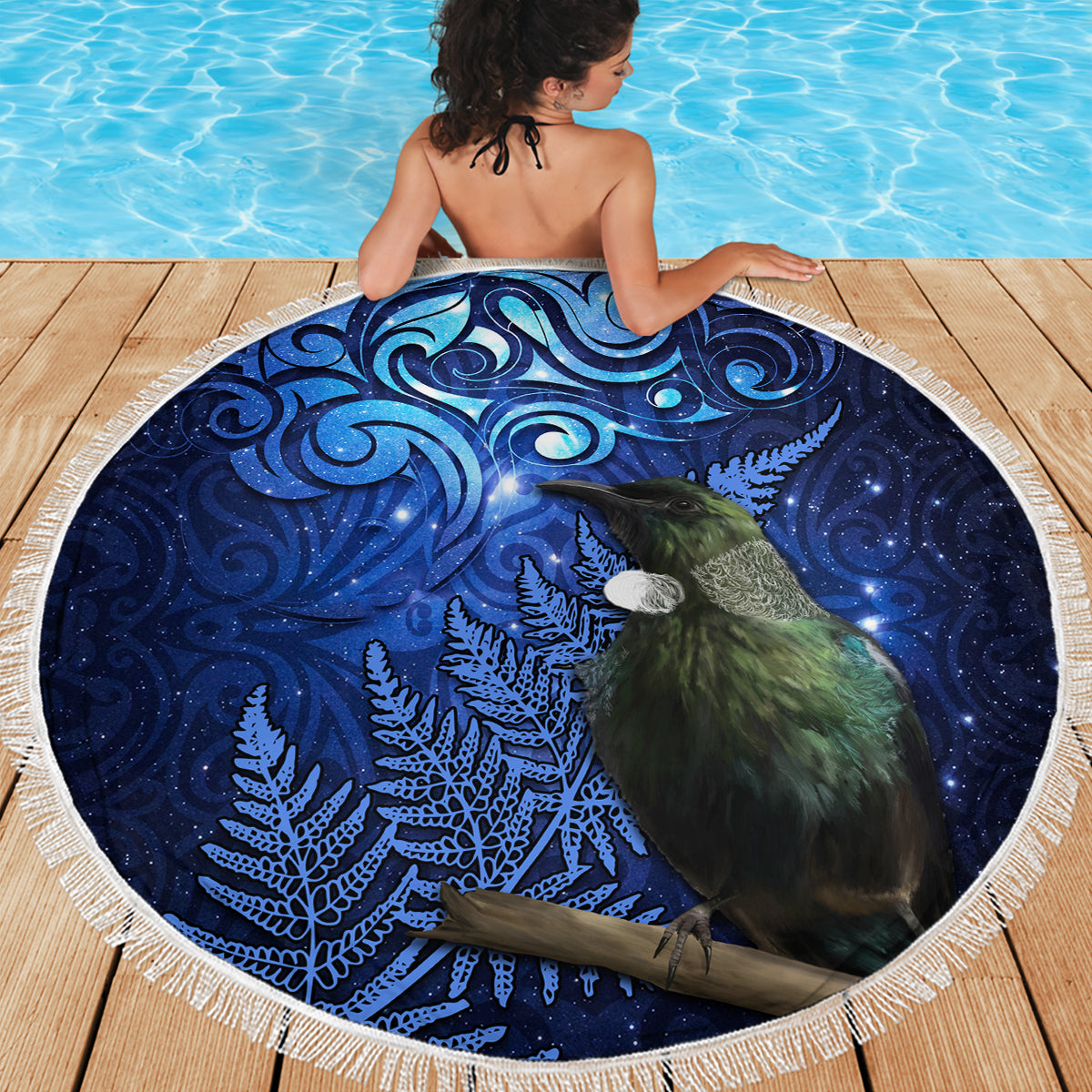 New Zealand Tui Bird Matariki Beach Blanket Maori New Year with Galaxy Fern LT03 - Polynesian Pride