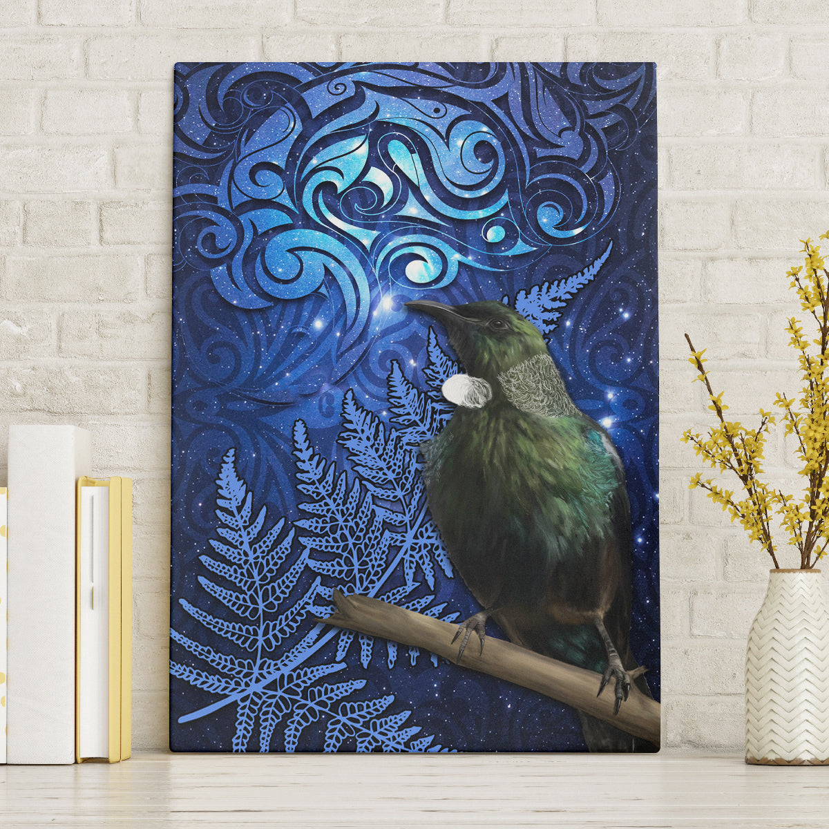 New Zealand Tui Bird Matariki Canvas Wall Art Maori New Year with Galaxy Fern LT03 Without Frame Blue - Polynesian Pride
