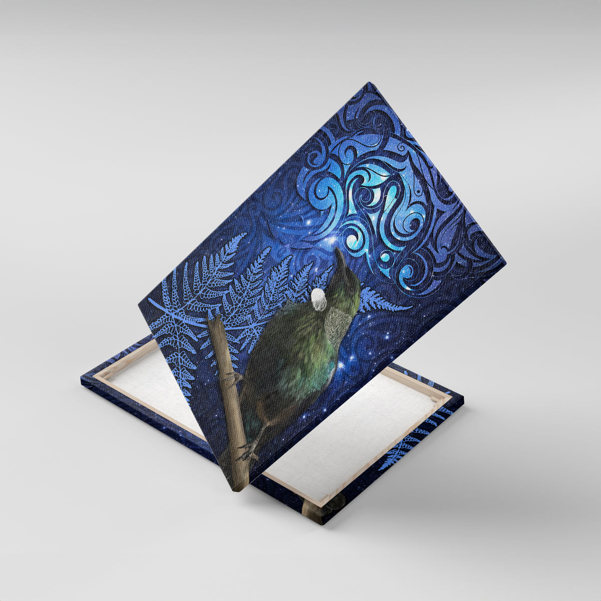 New Zealand Tui Bird Matariki Canvas Wall Art Maori New Year with Galaxy Fern LT03 With Frame Blue - Polynesian Pride