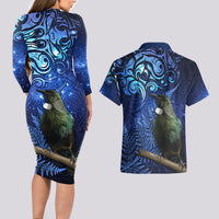 New Zealand Tui Bird Matariki Couples Matching Long Sleeve Bodycon Dress and Hawaiian Shirt Maori New Year with Galaxy Fern LT03 - Polynesian Pride