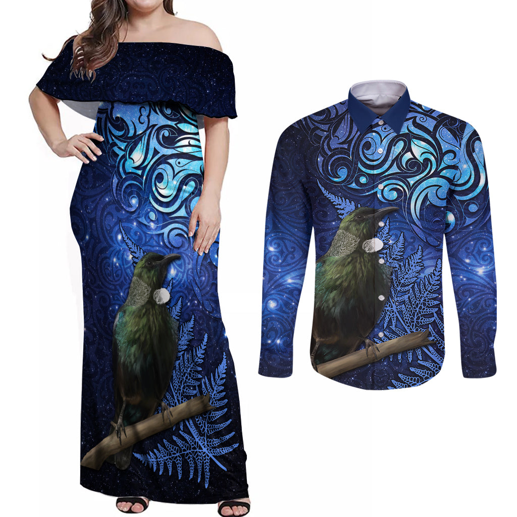 New Zealand Tui Bird Matariki Couples Matching Off Shoulder Maxi Dress and Long Sleeve Button Shirt Maori New Year with Galaxy Fern LT03 Blue - Polynesian Pride