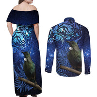 New Zealand Tui Bird Matariki Couples Matching Off Shoulder Maxi Dress and Long Sleeve Button Shirt Maori New Year with Galaxy Fern LT03 - Polynesian Pride