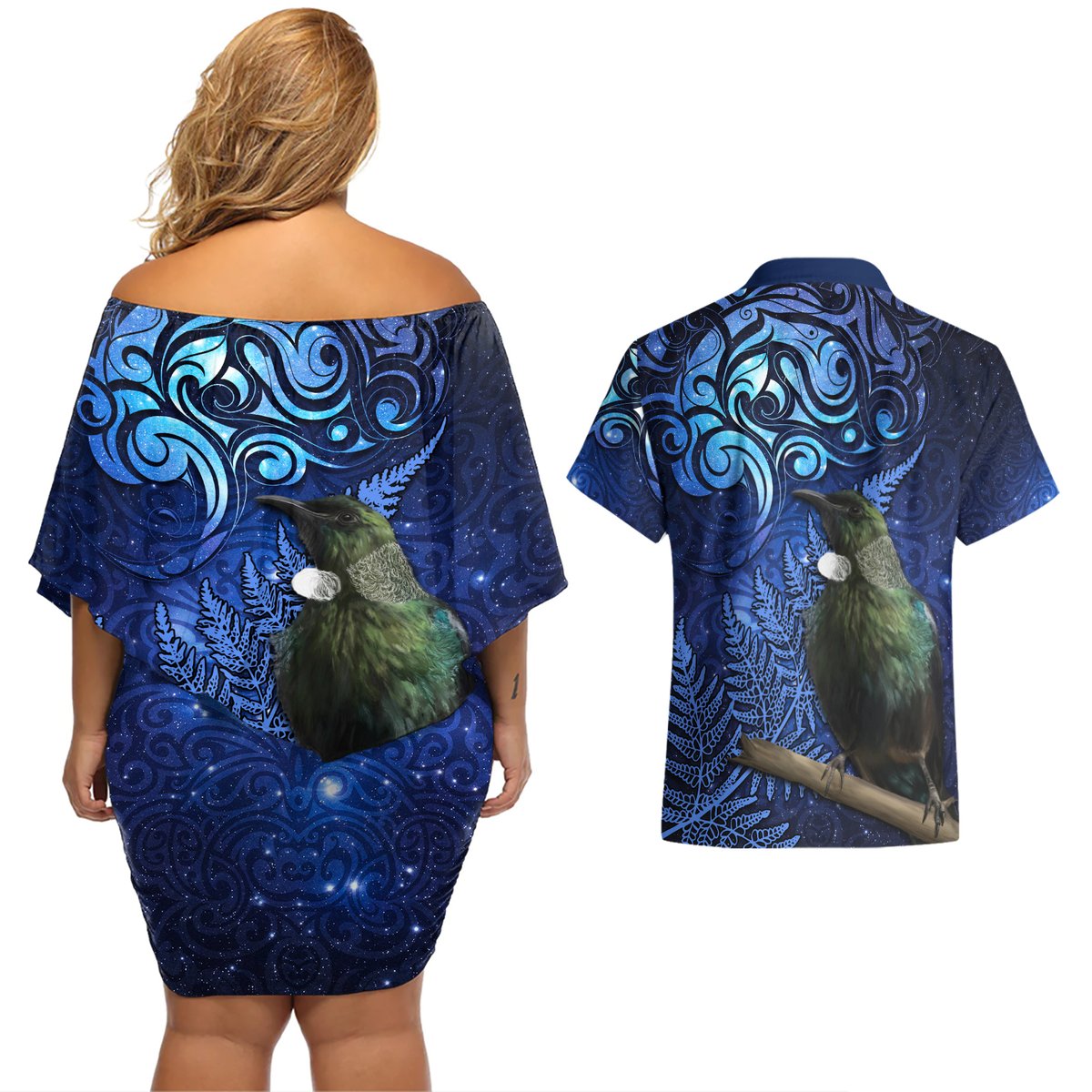 New Zealand Tui Bird Matariki Couples Matching Off Shoulder Short Dress and Hawaiian Shirt Maori New Year with Galaxy Fern LT03 - Polynesian Pride