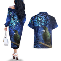 New Zealand Tui Bird Matariki Couples Matching Off The Shoulder Long Sleeve Dress and Hawaiian Shirt Maori New Year with Galaxy Fern LT03 - Polynesian Pride