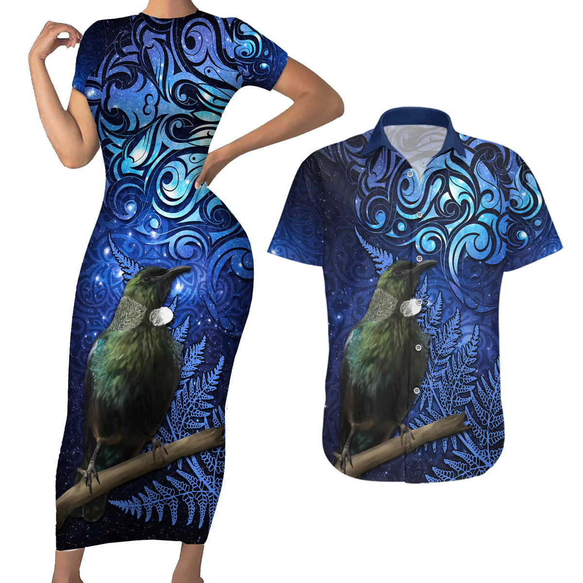 New Zealand Tui Bird Matariki Couples Matching Short Sleeve Bodycon Dress and Hawaiian Shirt Maori New Year with Galaxy Fern LT03 Blue - Polynesian Pride