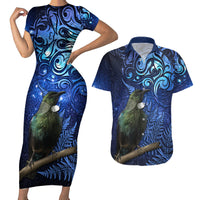 New Zealand Tui Bird Matariki Couples Matching Short Sleeve Bodycon Dress and Hawaiian Shirt Maori New Year with Galaxy Fern LT03 Blue - Polynesian Pride