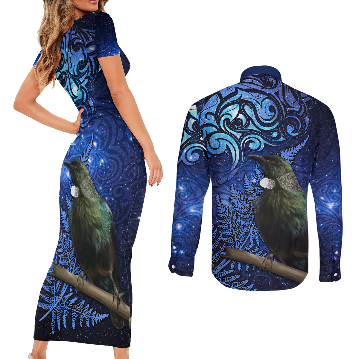 New Zealand Tui Bird Matariki Couples Matching Short Sleeve Bodycon Dress and Long Sleeve Button Shirt Maori New Year with Galaxy Fern LT03 - Polynesian Pride