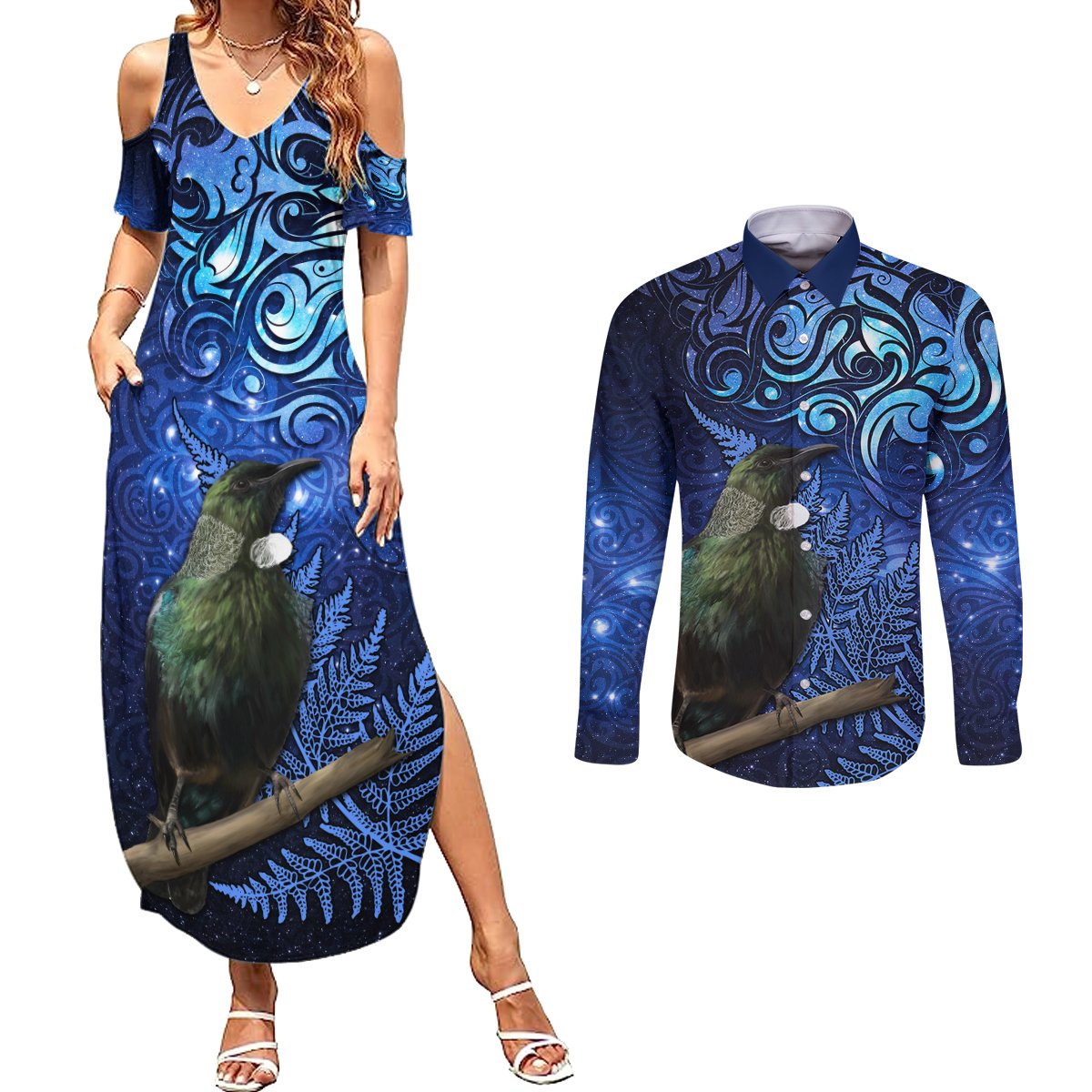New Zealand Tui Bird Matariki Couples Matching Summer Maxi Dress and Long Sleeve Button Shirt Maori New Year with Galaxy Fern