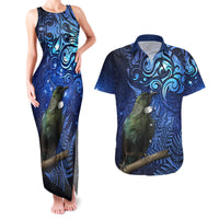 New Zealand Tui Bird Matariki Couples Matching Tank Maxi Dress and Hawaiian Shirt Maori New Year with Galaxy Fern LT03 Blue - Polynesian Pride
