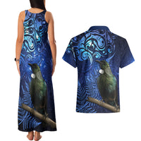 New Zealand Tui Bird Matariki Couples Matching Tank Maxi Dress and Hawaiian Shirt Maori New Year with Galaxy Fern LT03 - Polynesian Pride