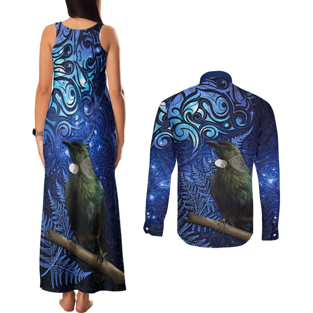 New Zealand Tui Bird Matariki Couples Matching Tank Maxi Dress and Long Sleeve Button Shirt Maori New Year with Galaxy Fern LT03 - Polynesian Pride