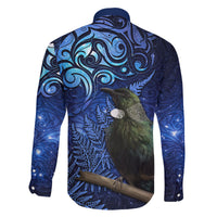 New Zealand Tui Bird Matariki Family Matching Long Sleeve Bodycon Dress and Hawaiian Shirt Maori New Year with Galaxy Fern LT03 - Polynesian Pride