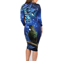 New Zealand Tui Bird Matariki Family Matching Long Sleeve Bodycon Dress and Hawaiian Shirt Maori New Year with Galaxy Fern LT03 - Polynesian Pride