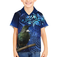 New Zealand Tui Bird Matariki Family Matching Long Sleeve Bodycon Dress and Hawaiian Shirt Maori New Year with Galaxy Fern LT03 Son's Shirt Blue - Polynesian Pride