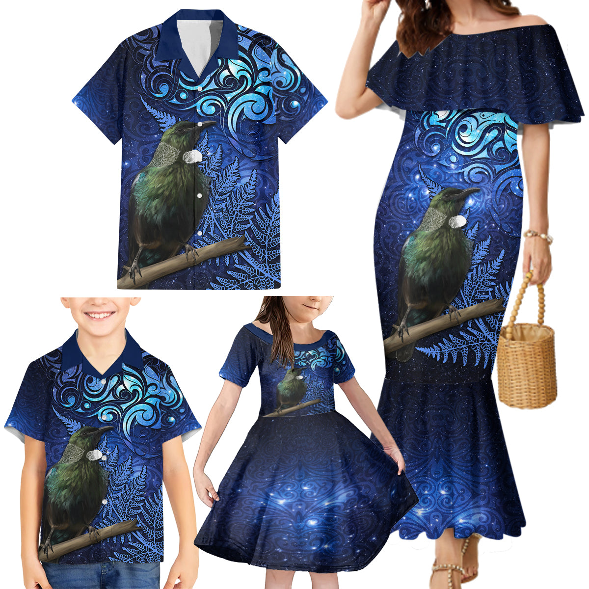 New Zealand Tui Bird Matariki Family Matching Mermaid Dress and Hawaiian Shirt Maori New Year with Galaxy Fern LT03 - Polynesian Pride