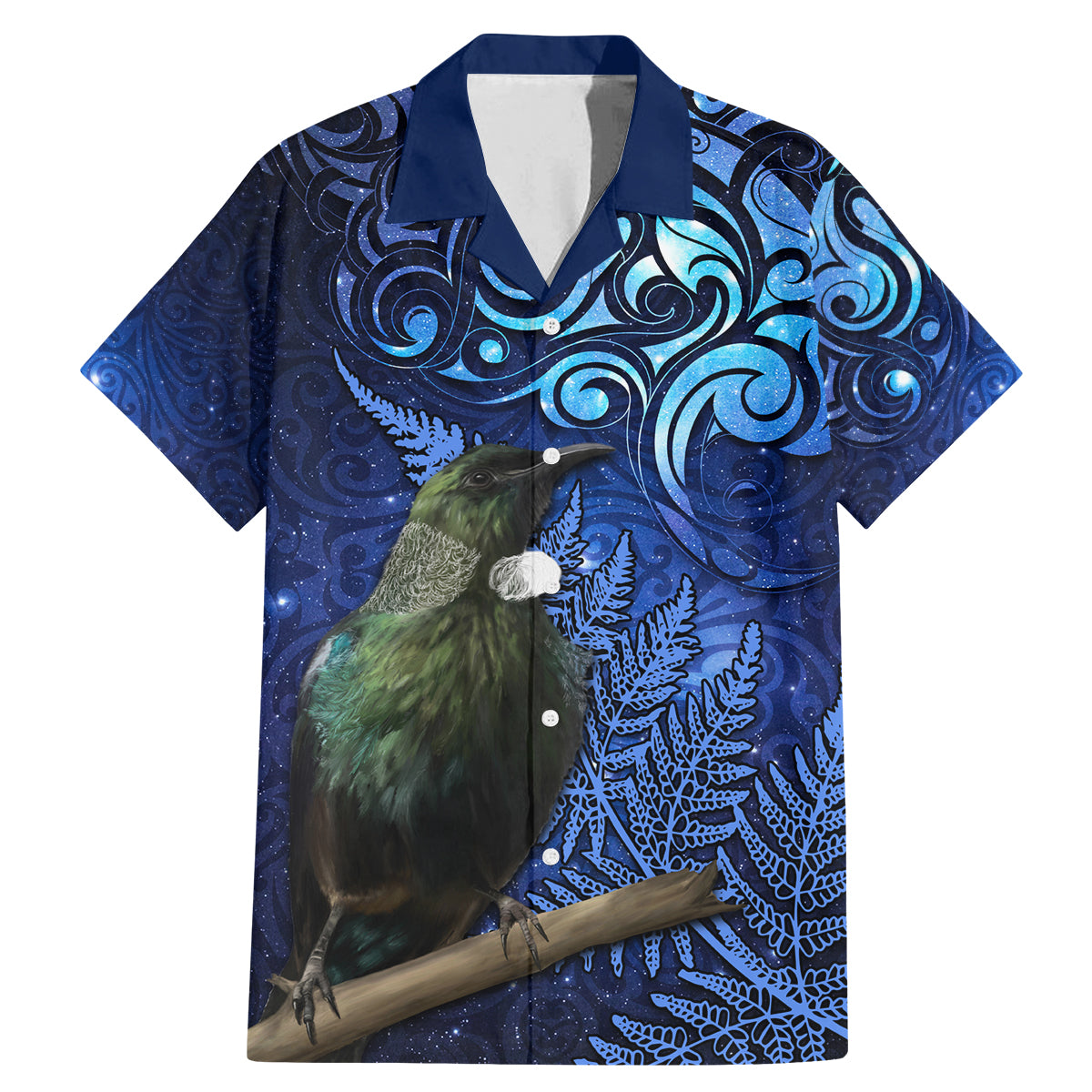 New Zealand Tui Bird Matariki Family Matching Mermaid Dress and Hawaiian Shirt Maori New Year with Galaxy Fern LT03 Dad's Shirt - Short Sleeve Blue - Polynesian Pride