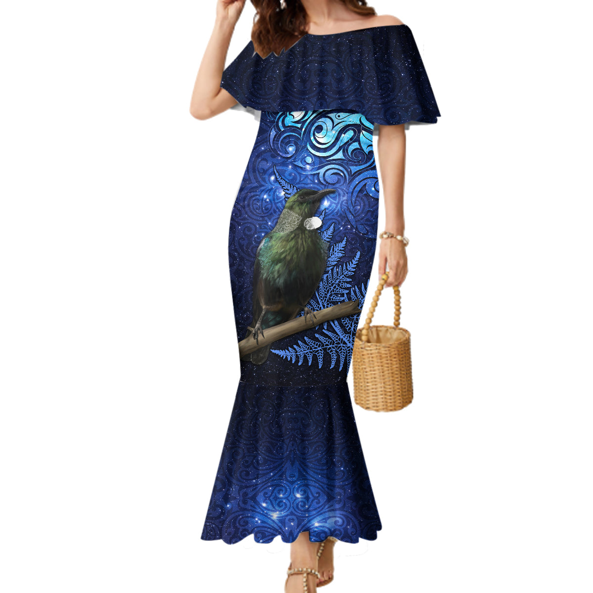 New Zealand Tui Bird Matariki Family Matching Mermaid Dress and Hawaiian Shirt Maori New Year with Galaxy Fern LT03 Mom's Dress Blue - Polynesian Pride