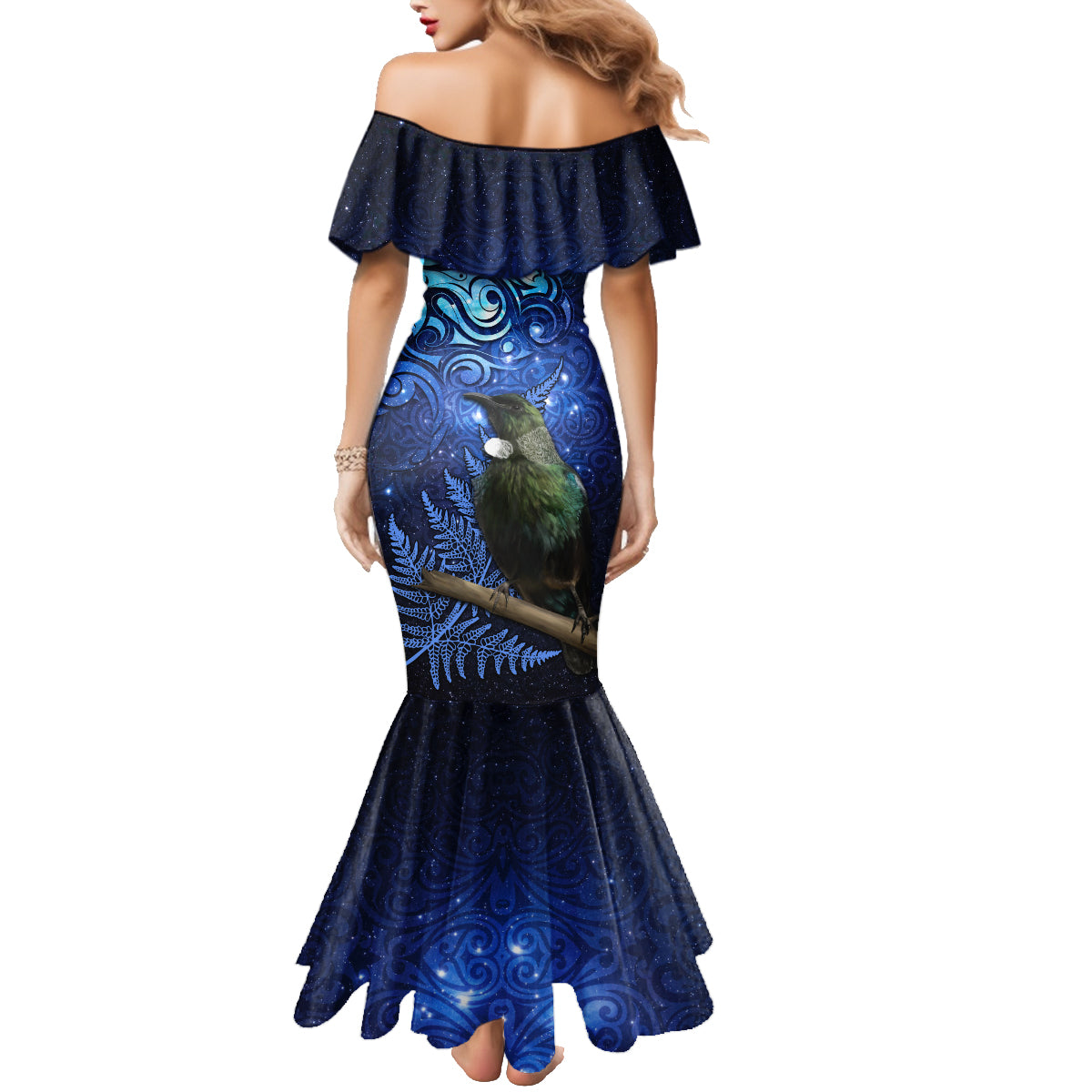 New Zealand Tui Bird Matariki Family Matching Mermaid Dress and Hawaiian Shirt Maori New Year with Galaxy Fern LT03 - Polynesian Pride