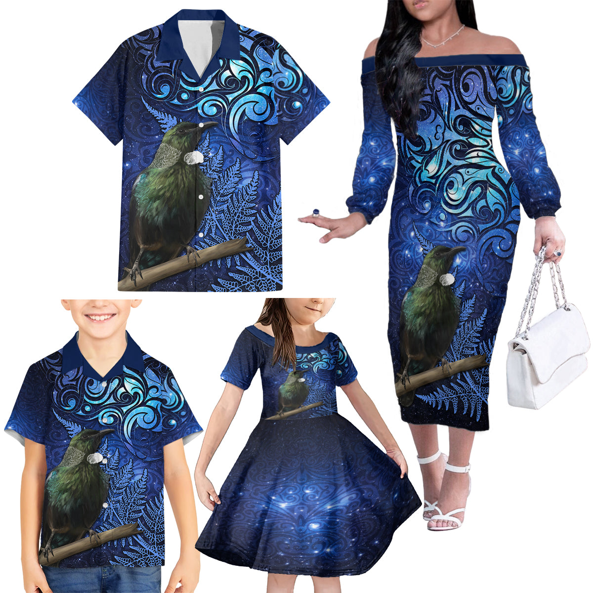 New Zealand Tui Bird Matariki Family Matching Off The Shoulder Long Sleeve Dress and Hawaiian Shirt Maori New Year with Galaxy Fern LT03 - Polynesian Pride