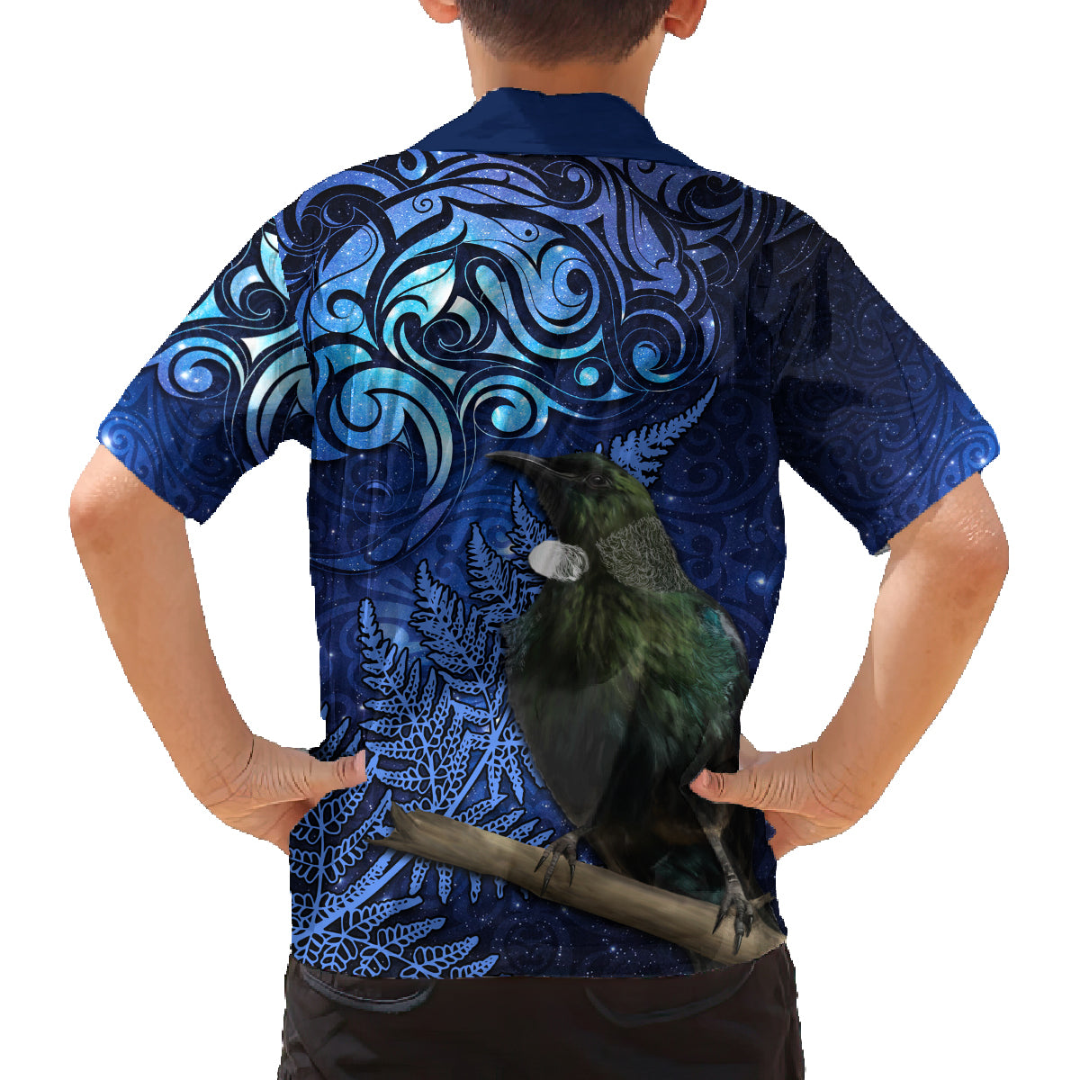 New Zealand Tui Bird Matariki Family Matching Off Shoulder Maxi Dress and Hawaiian Shirt Maori New Year with Galaxy Fern LT03 - Polynesian Pride
