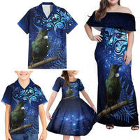 New Zealand Tui Bird Matariki Family Matching Off Shoulder Maxi Dress and Hawaiian Shirt Maori New Year with Galaxy Fern LT03 - Polynesian Pride