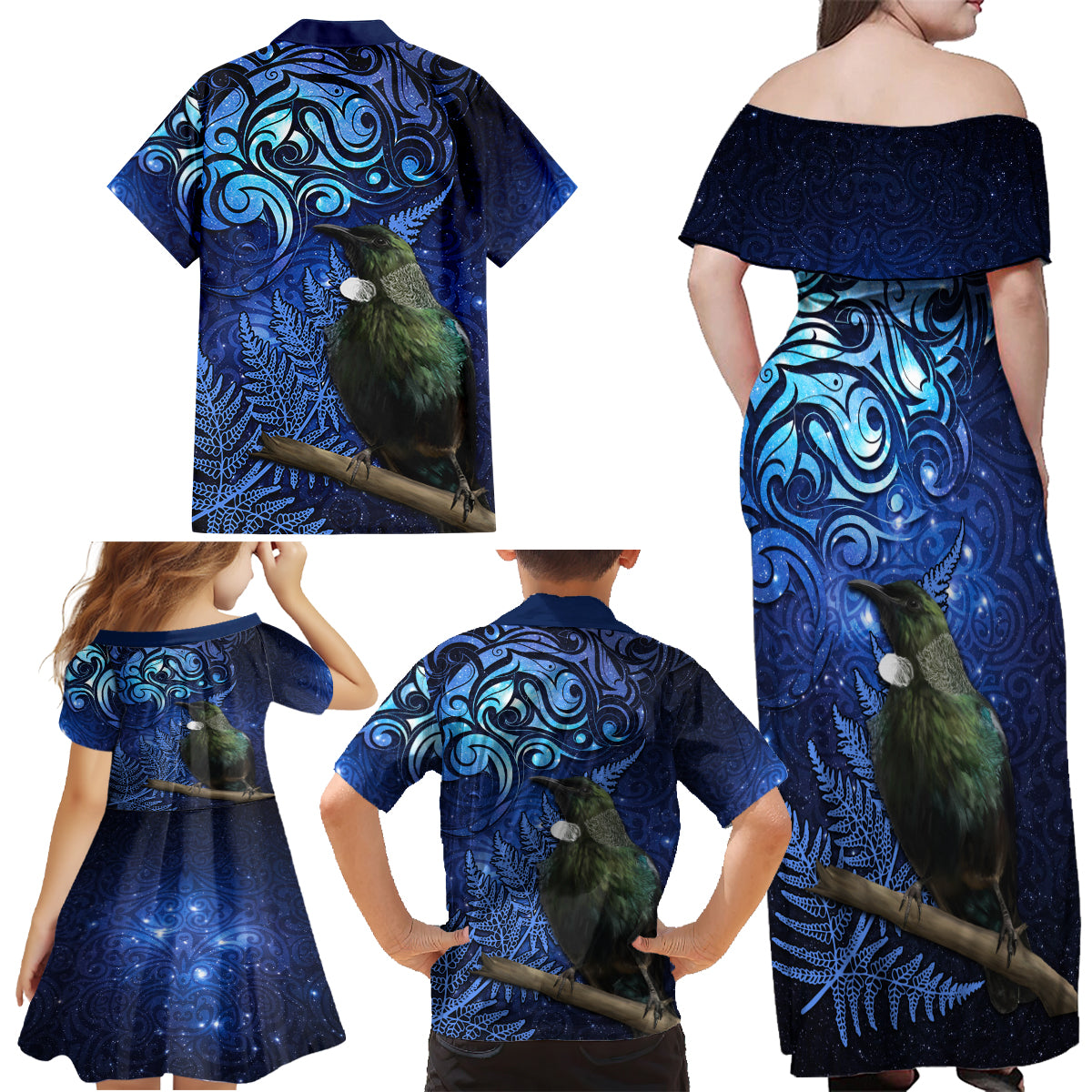 New Zealand Tui Bird Matariki Family Matching Off Shoulder Maxi Dress and Hawaiian Shirt Maori New Year with Galaxy Fern LT03 - Polynesian Pride