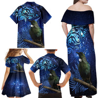 New Zealand Tui Bird Matariki Family Matching Off Shoulder Maxi Dress and Hawaiian Shirt Maori New Year with Galaxy Fern LT03 - Polynesian Pride