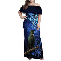 New Zealand Tui Bird Matariki Family Matching Off Shoulder Maxi Dress and Hawaiian Shirt Maori New Year with Galaxy Fern LT03 Mom's Dress Blue - Polynesian Pride