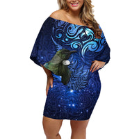 New Zealand Tui Bird Matariki Family Matching Off Shoulder Short Dress and Hawaiian Shirt Maori New Year with Galaxy Fern LT03 Mom's Dress Blue - Polynesian Pride