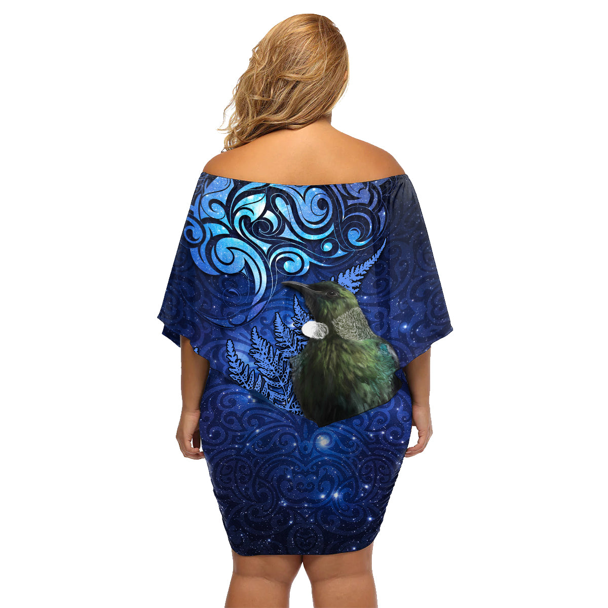 New Zealand Tui Bird Matariki Family Matching Off Shoulder Short Dress and Hawaiian Shirt Maori New Year with Galaxy Fern LT03 - Polynesian Pride