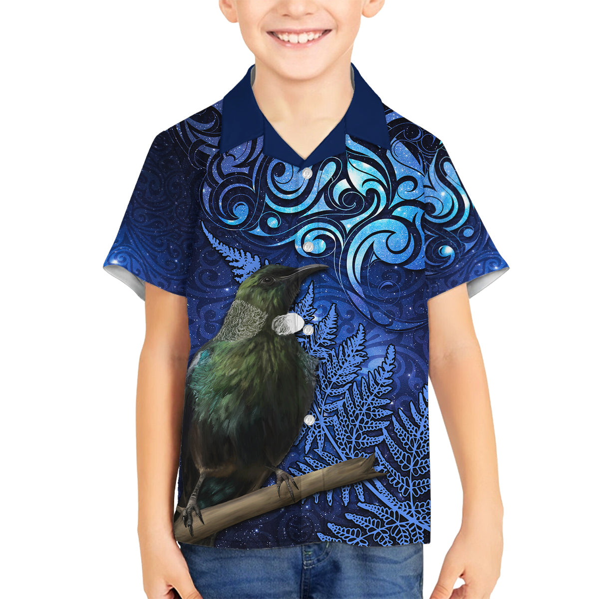 New Zealand Tui Bird Matariki Family Matching Off Shoulder Short Dress and Hawaiian Shirt Maori New Year with Galaxy Fern LT03 Son's Shirt Blue - Polynesian Pride