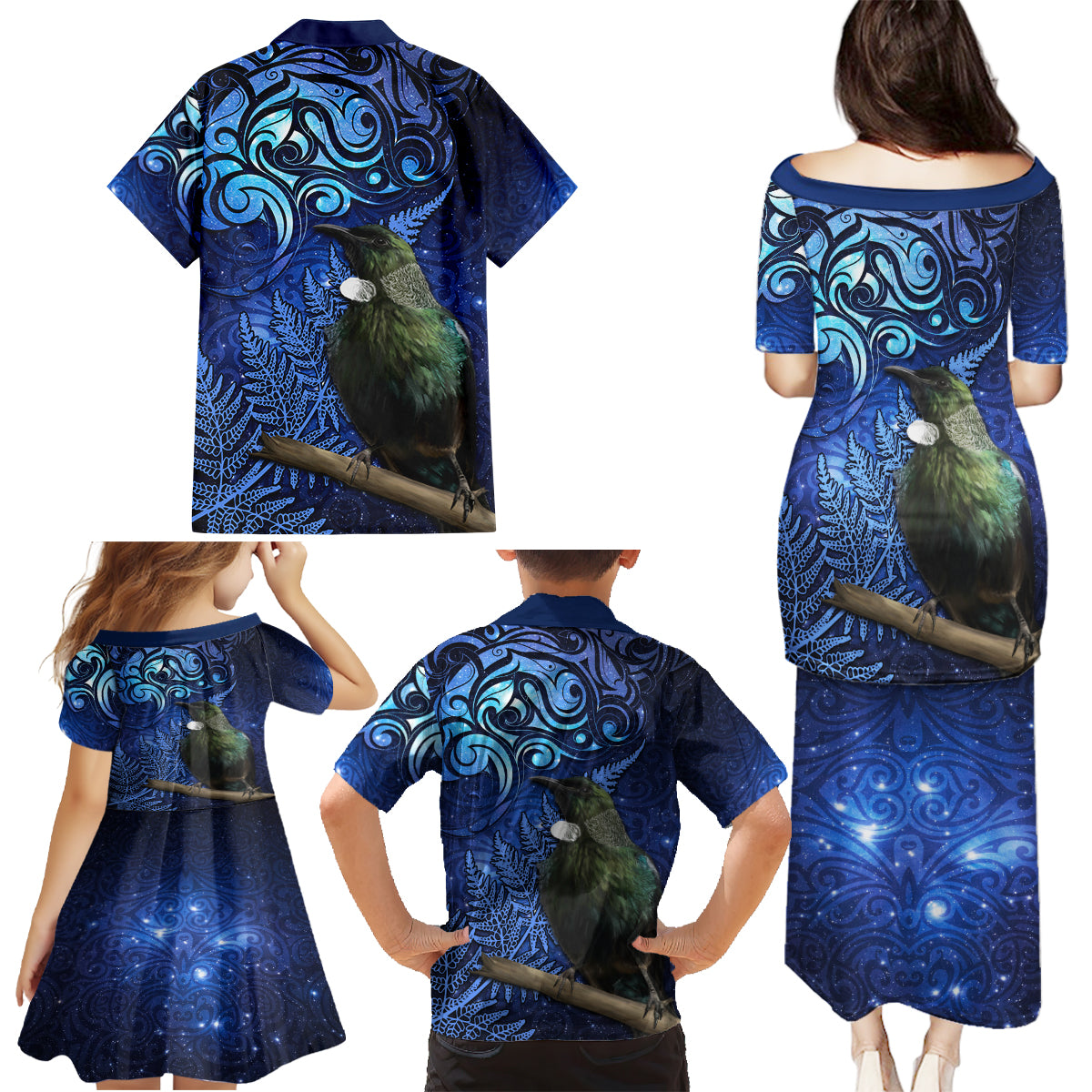 New Zealand Tui Bird Matariki Family Matching Puletasi and Hawaiian Shirt Maori New Year with Galaxy Fern LT03 - Polynesian Pride