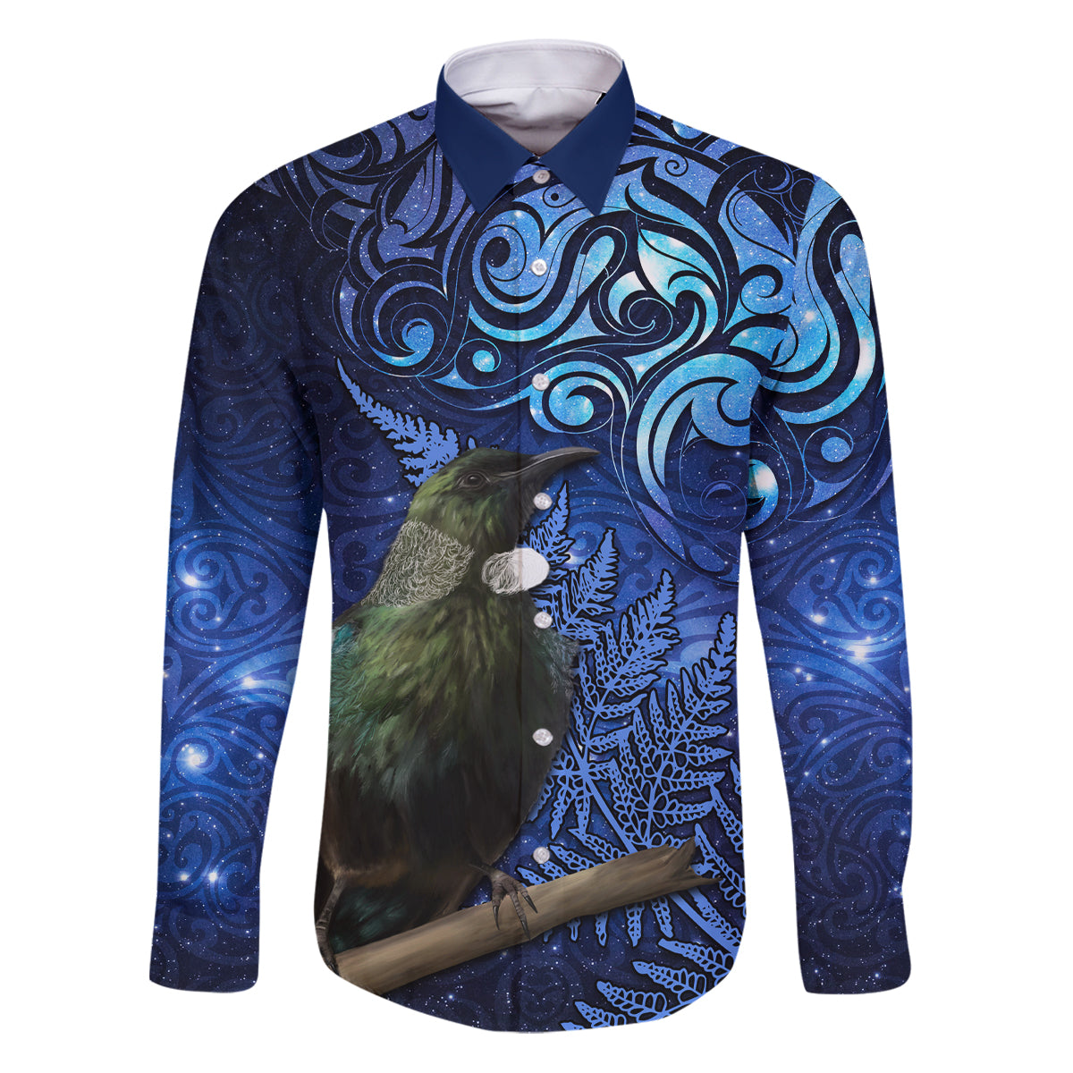 New Zealand Tui Bird Matariki Family Matching Puletasi and Hawaiian Shirt Maori New Year with Galaxy Fern LT03 Dad's Shirt - Long Sleeve Blue - Polynesian Pride