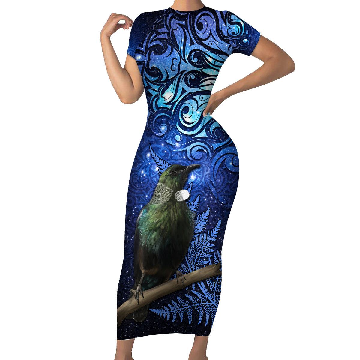 New Zealand Tui Bird Matariki Family Matching Short Sleeve Bodycon Dress and Hawaiian Shirt Maori New Year with Galaxy Fern LT03 Mom's Dress Blue - Polynesian Pride