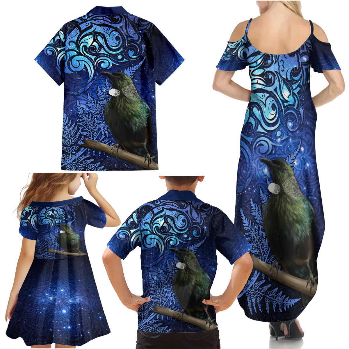New Zealand Tui Bird Matariki Family Matching Summer Maxi Dress and Hawaiian Shirt Maori New Year with Galaxy Fern LT03 - Polynesian Pride