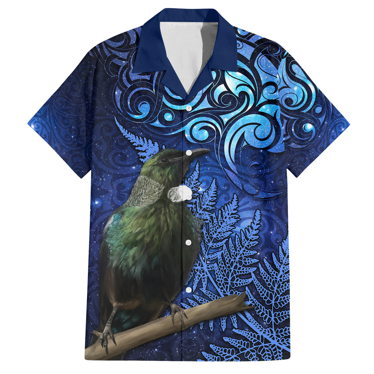 New Zealand Tui Bird Matariki Family Matching Summer Maxi Dress and Hawaiian Shirt Maori New Year with Galaxy Fern LT03 Dad's Shirt - Short Sleeve Blue - Polynesian Pride