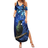 New Zealand Tui Bird Matariki Family Matching Summer Maxi Dress and Hawaiian Shirt Maori New Year with Galaxy Fern LT03 Mom's Dress Blue - Polynesian Pride