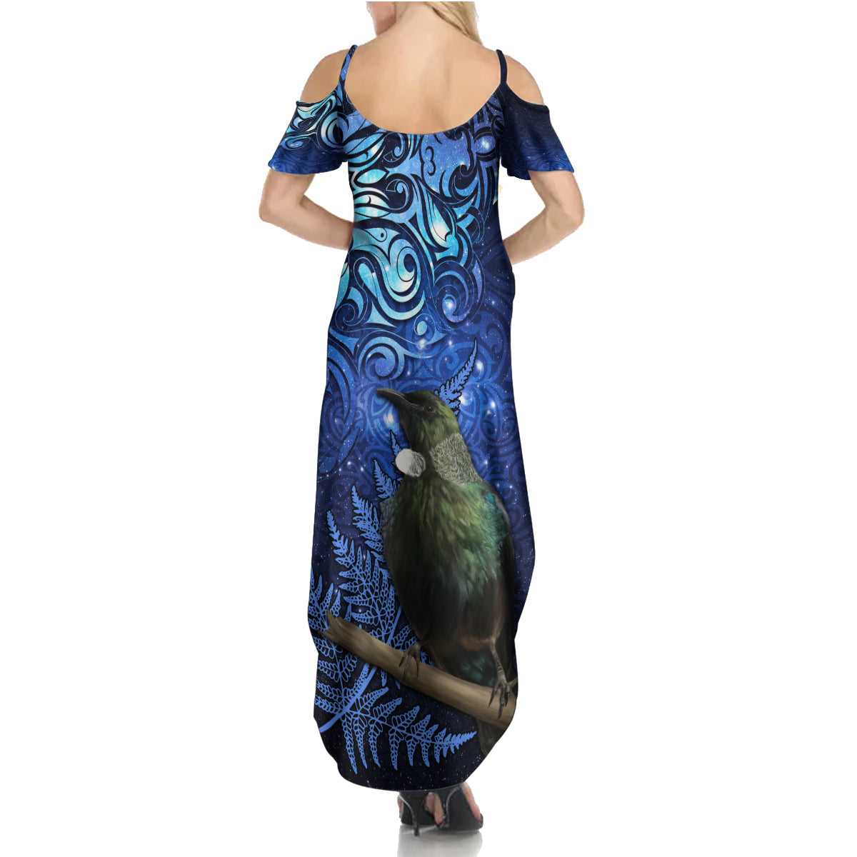 New Zealand Tui Bird Matariki Family Matching Summer Maxi Dress and Hawaiian Shirt Maori New Year with Galaxy Fern LT03 - Polynesian Pride