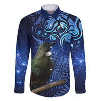 New Zealand Tui Bird Matariki Family Matching Tank Maxi Dress and Hawaiian Shirt Maori New Year with Galaxy Fern LT03 Dad's Shirt - Long Sleeve Blue - Polynesian Pride