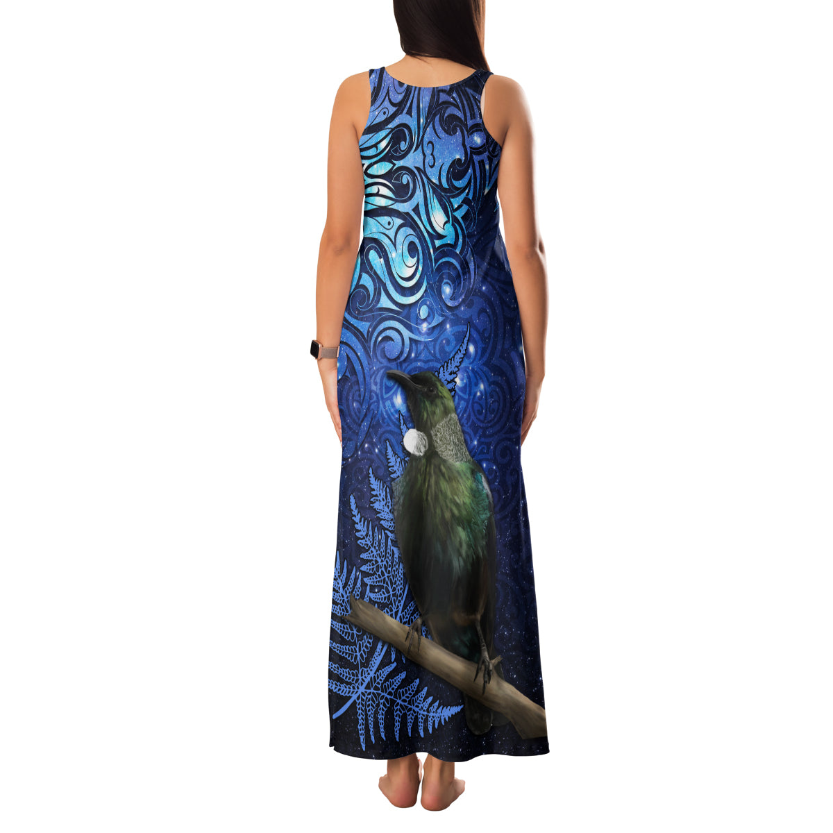 New Zealand Tui Bird Matariki Family Matching Tank Maxi Dress and Hawaiian Shirt Maori New Year with Galaxy Fern LT03 - Polynesian Pride