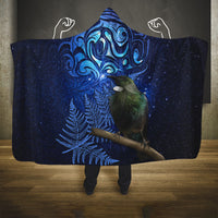 New Zealand Tui Bird Matariki Hooded Blanket Maori New Year with Galaxy Fern LT03 One Size Blue - Polynesian Pride