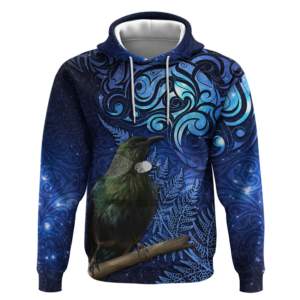 New Zealand Tui Bird Matariki Hoodie Maori New Year with Galaxy Fern LT03 Pullover Hoodie Blue - Polynesian Pride
